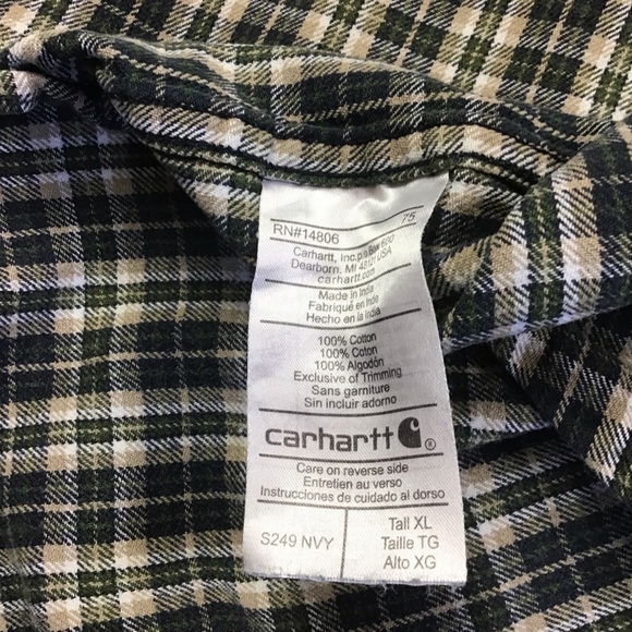 CARHARTT Navy Flannel Long Sleeve Shirt Plaid Button Down Collar Size XL Tall - Picture 6 of 6